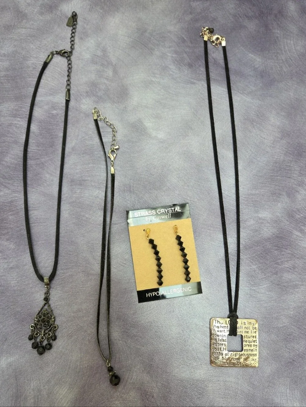 Black Cord Necklace Trio with Pendant & Dangle Earrings